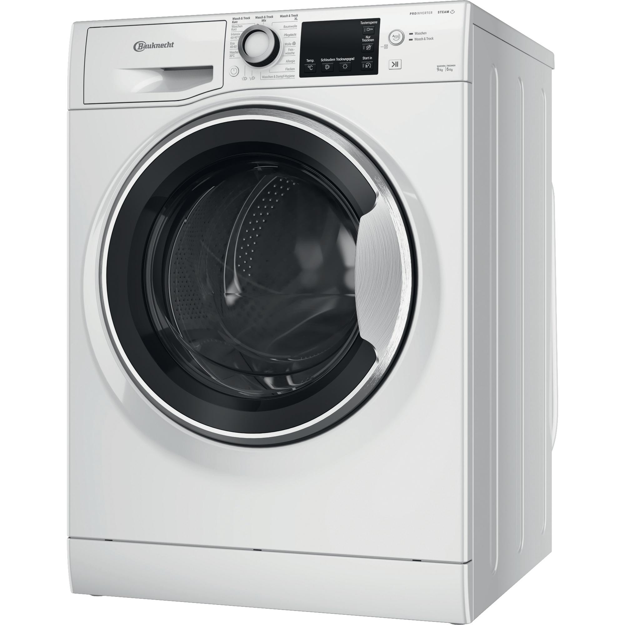 Eine weiße Bauknecht Waschmaschine, schräge Ansicht, mit Knöpfen, Display und geschlossener Tür.