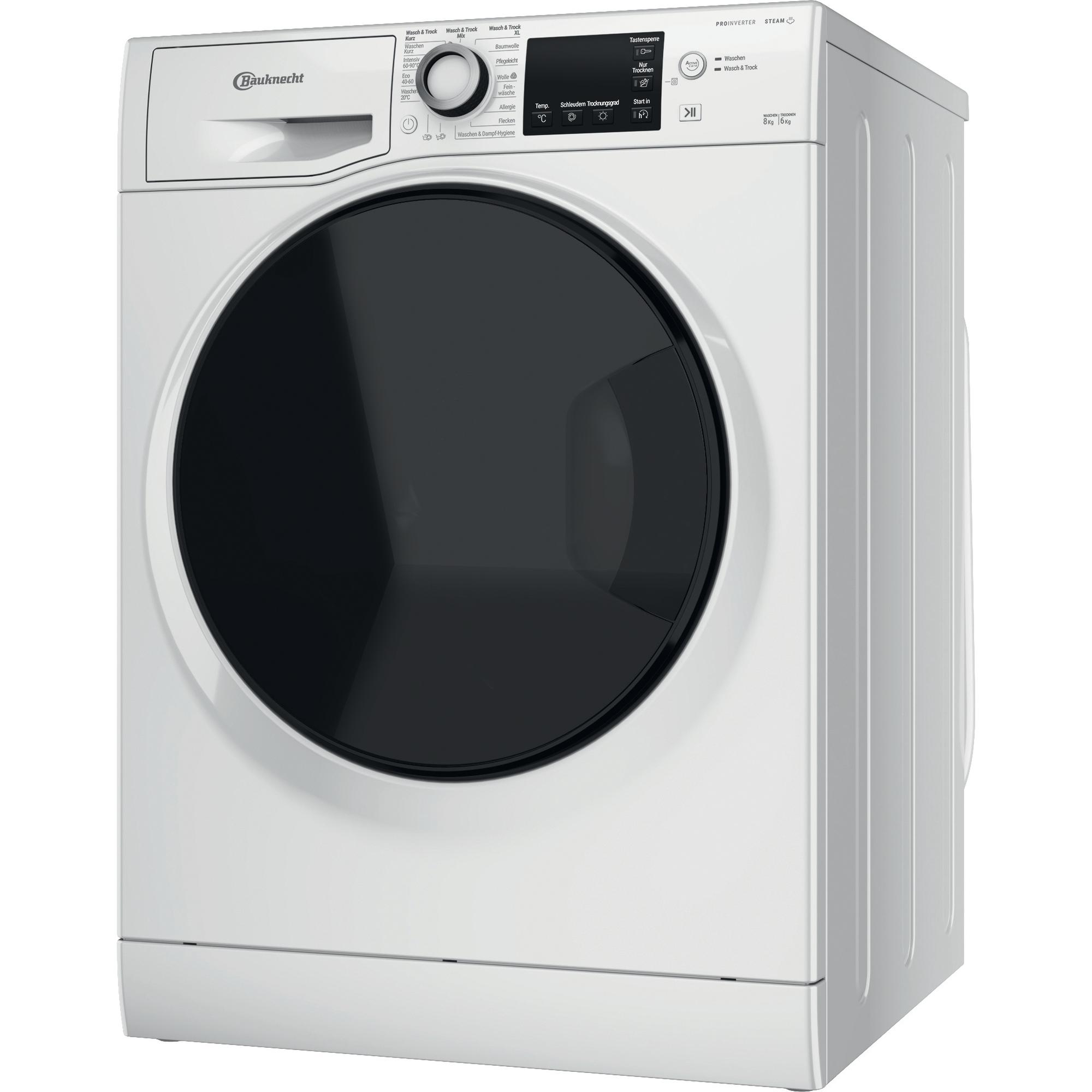 Weiße Waschmaschine mit schwarzer Tür, angewinkelter Blick, weißer Hintergrund.