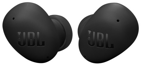 Dwie czarne słuchawki JBL, każda z logo JBL, na białym tle.