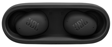 Słuchawki douszne w etui ładującym, oba czarne. Etui jest otwarte, ukazując słuchawki.