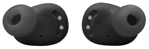 Para czarnych bezprzewodowych słuchawek. Każda z małą, okrągłą kratką głośnika i oznaczeniami.