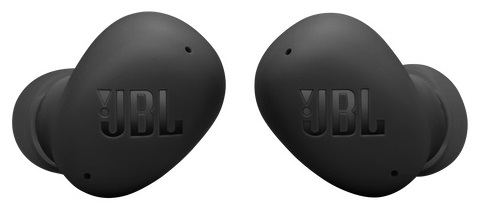 Wyświetlane są dwa czarne słuchawki JBL. Każda słuchawka ma logo JBL. Są na białym tle.