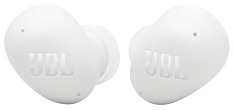 Dwa białe słuchawki JBL są wyświetlane na białym tle.