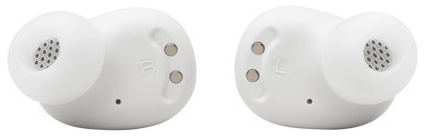 Dwie białe słuchawki douszne, prawa oznaczona literą „R”, a lewa literą „L”. Są ustawione pod kątem.