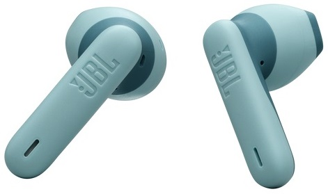 Dwa jasno niebieskie bezprzewodowe słuchawki JBL, widok z boku, białe tło.