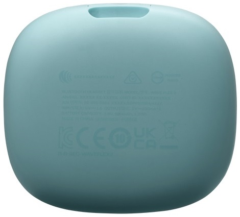 Turkusowe etui ładujące do słuchawek. Ma na sobie tekst, a góra jest zaokrąglona.