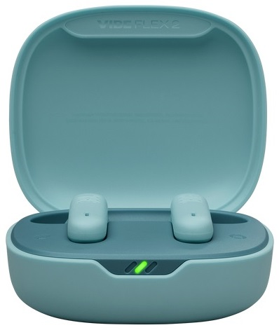 Turkusowe słuchawki w turkusowym etui ładującym, z zielonym światłem ładowania.