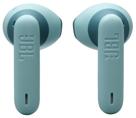 Dwa turkusowe słuchawki JBL. Białe tło.