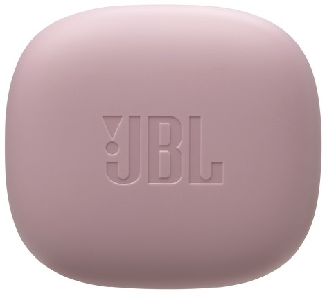 Różowe, zaokrąglone, kwadratowe etui z wytłoczonym logo JBL, prawdopodobnie na słuchawki.