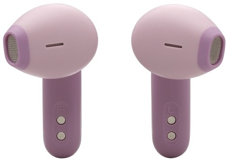 Dwie słuchawki JBL, fioletowe i szare ze srebrnymi przyciskami.