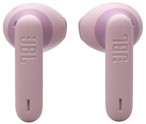 Dwie różowe słuchawki JBL, z fioletowym paskiem na górze.