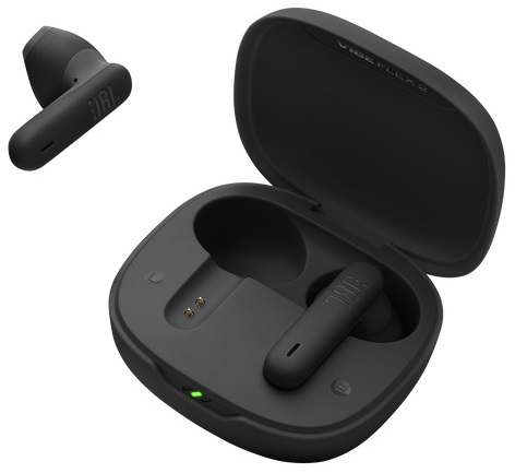 Czarne słuchawki JBL i otwarte etui ładujące. Słuchawki w etui. Świeci zielone światło.
