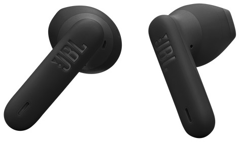 Dwa czarne słuchawki JBL. Każda ma logo JBL. Patrzą w różne strony.