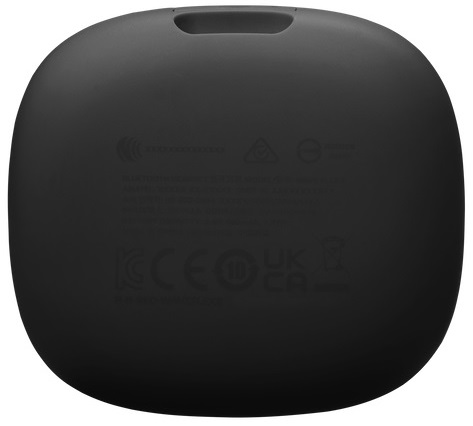 Tył czarnego, owalnego urządzenia z oznaczeniami tekstowymi i certyfikatami.