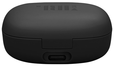 Czarne etui na słuchawki JBL o zaokrąglonym kształcie. Logo JBL widoczne na górze.