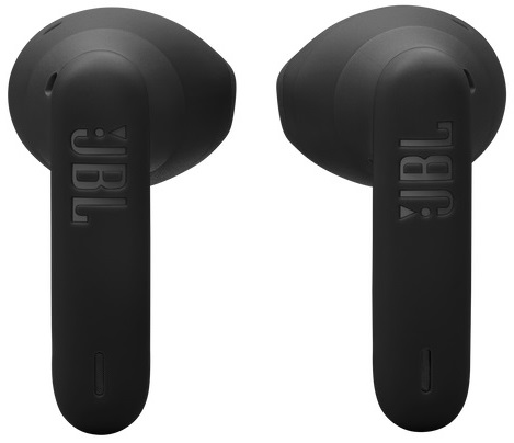 Dwa czarne słuchawki JBL, obok siebie. Każdy ma zakrzywioną nóżkę i logo JBL z boku.