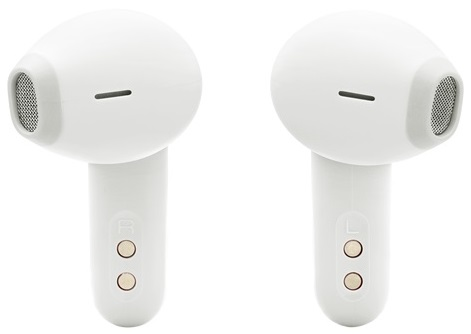 Dwa białe słuchawki, widok z przodu. Każdy ma mały otwór na mikrofon i przycisk.