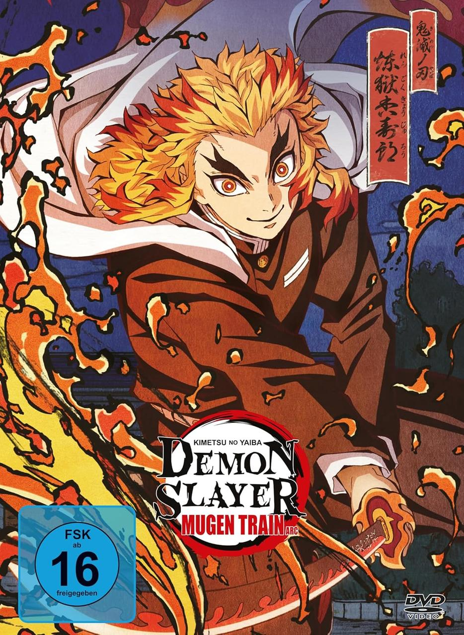 Anime-DVD-Cover mit lächelndem Charakter mit orangefarbenen Haaren. Demon Slayer ist der Titel.