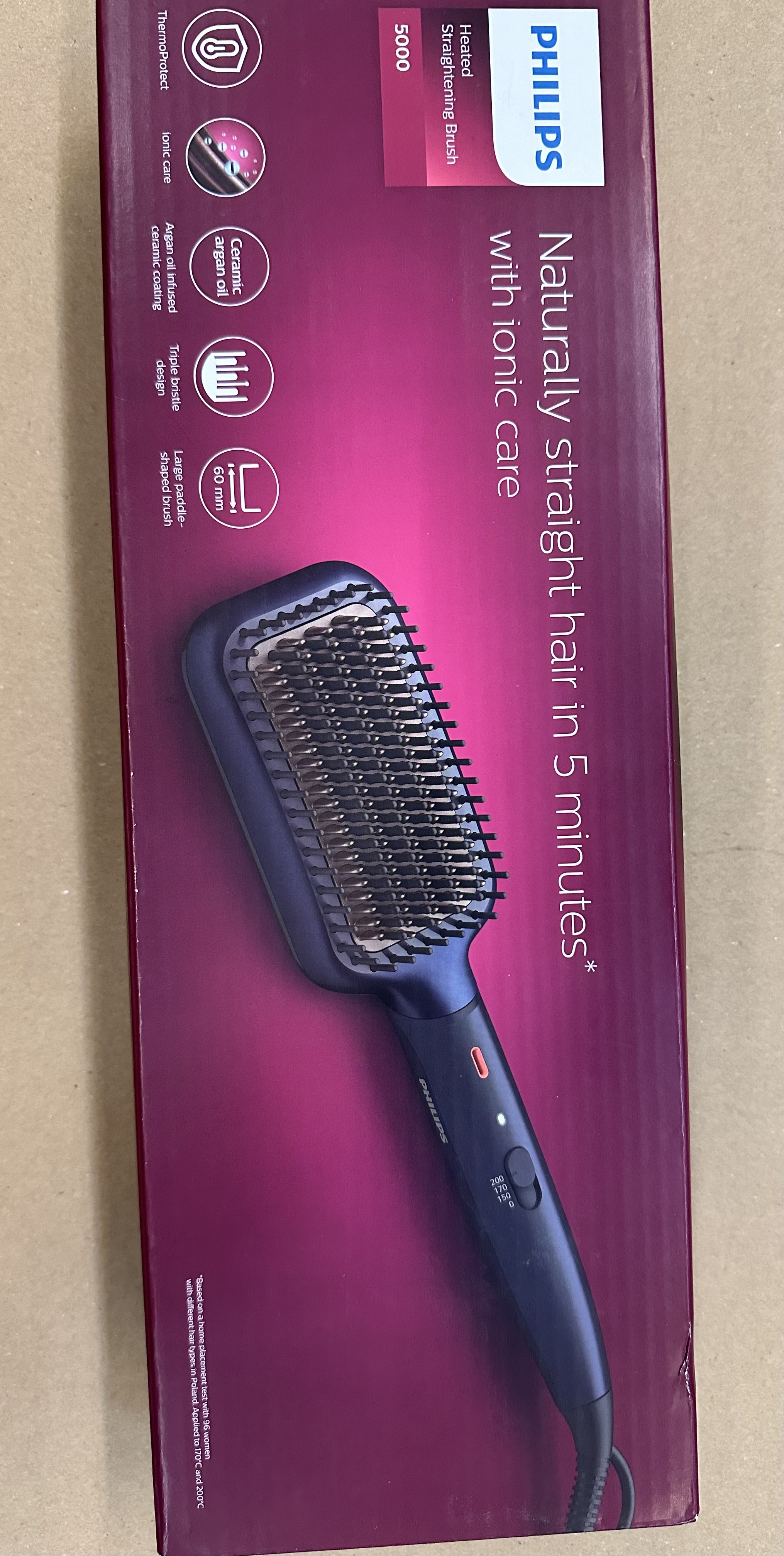 Podgrzewana szczotka do prostowania w pudełku. Pudełko jest fioletowo-białe. Philips.