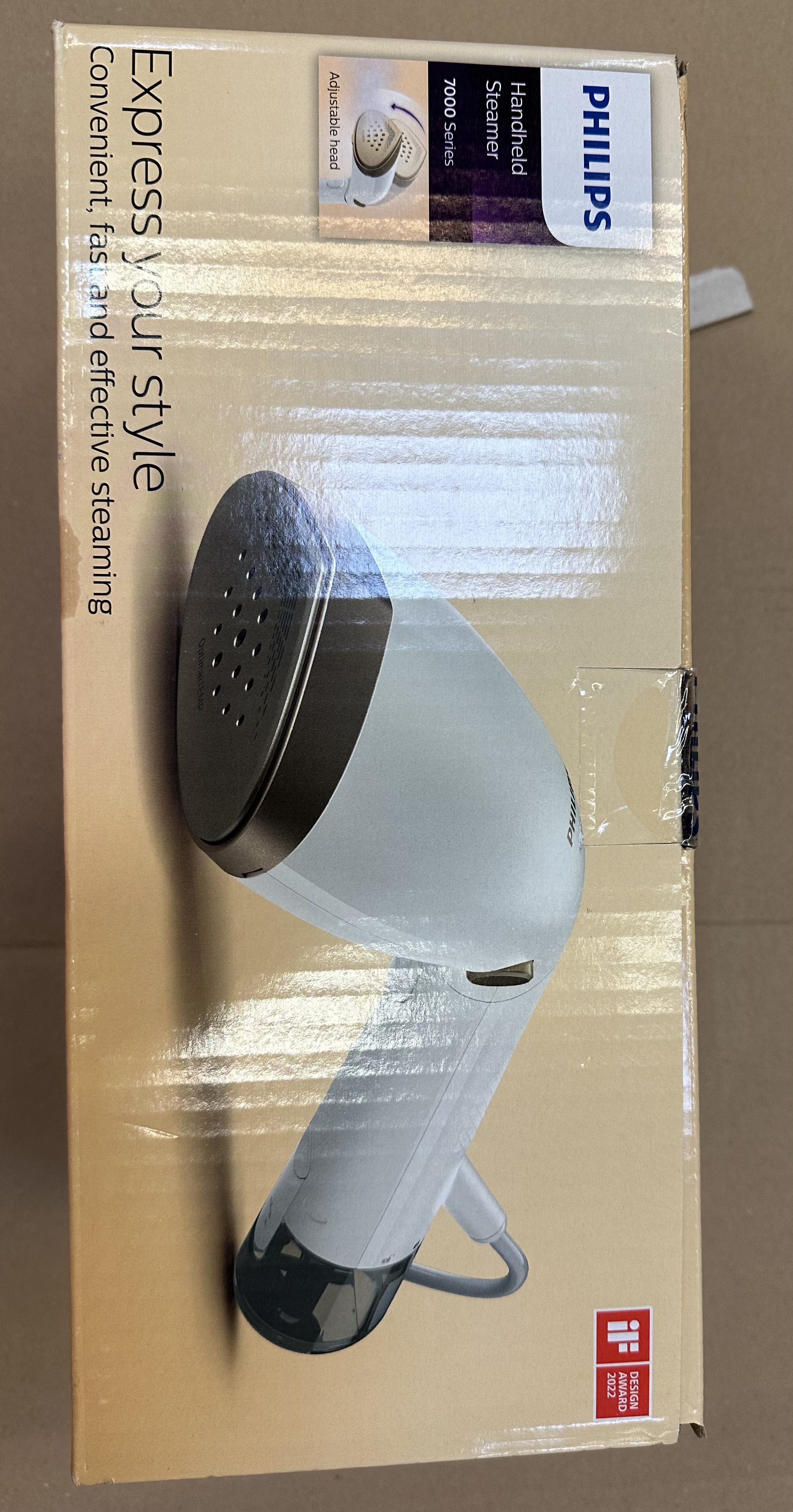 Pudełko parownicy ręcznej Philips. Wyświetla produkt i jego funkcje.