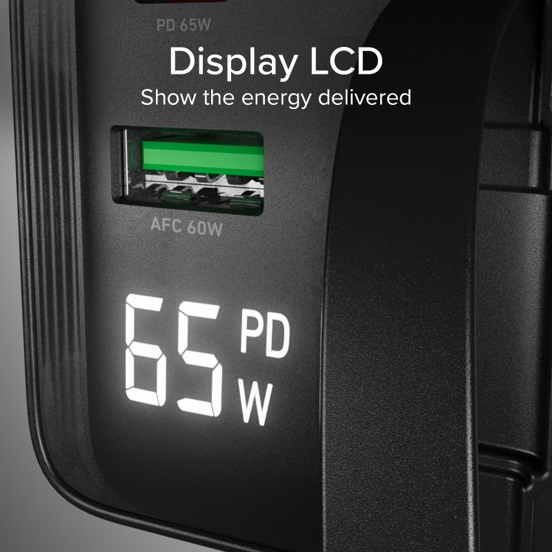 Czarny zasilacz z zielonym portem USB i cyfrowym wyświetlaczem.