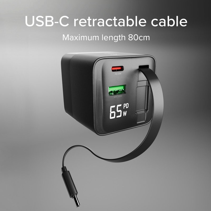 Czarna ładowarka z kablem USB-C. Posiada wyświetlacz cyfrowy i napis 65W.