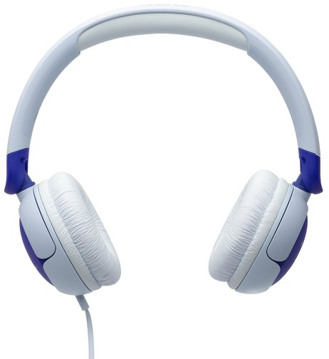 Biało-niebieskie słuchawki, widok z przodu, z wiszącym kablem.