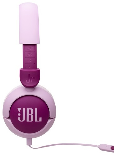 Słuchawki dla dzieci JBL, białe i fioletowe, na białym tle.