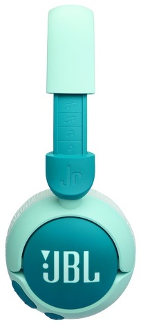 Turkusowo-białe słuchawki JBL JR. Pałąk jest rozciągnięty, pokazując regulacje rozmiaru.
