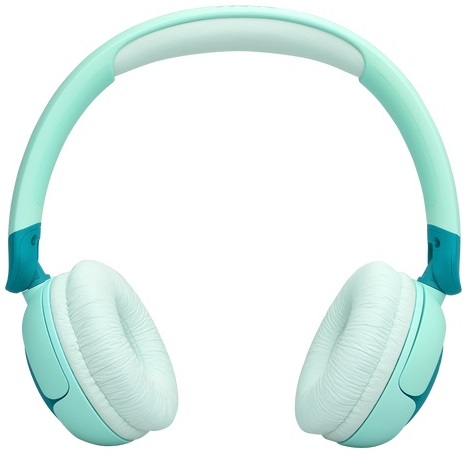 Miętowe słuchawki z białą opaską. Słuchawki są w stylu nausznym.