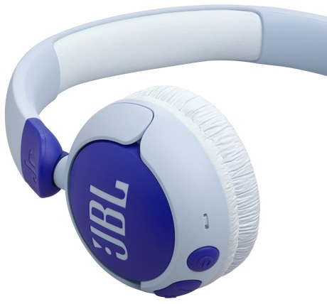 Niebiesko-białe słuchawki z niebieską muszlą i logo JBL.