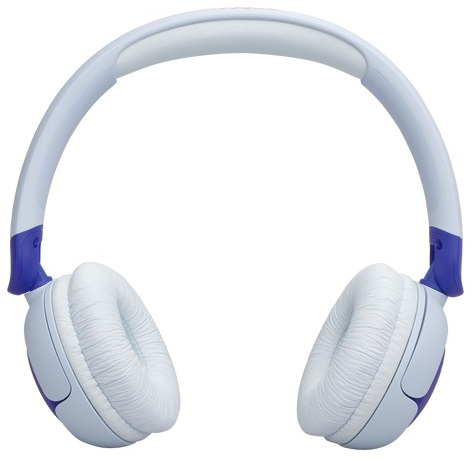 Białe słuchawki z niebieskimi akcentami. Muszle uszne są białe i wyściełane.
