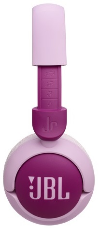 Różowe i fioletowe słuchawki JBL, widok z przodu, białe tło.