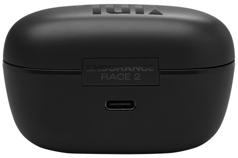 Czarne etui ładujące JBL Endurance Race 2 z logo i portem ładowania.