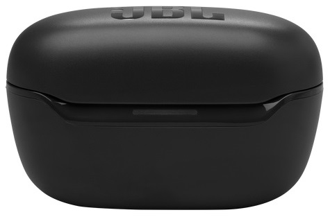 Czarne etui na słuchawki JBL. Etui zamknięte i ma zaokrąglony kształt. Widok z góry.