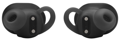 Dwa czarne wkładki douszne. Mają zaokrąglony kształt z małym, srebrnym przyciskiem i zakrzywionym haczykiem na ucho.