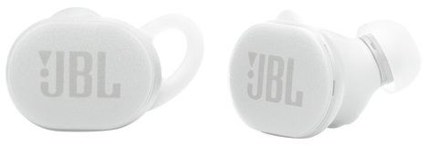 Dwa białe słuchawki JBL. Logo JBL jest widoczne na obu.