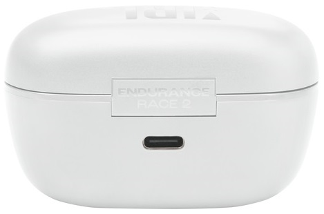 Białe etui na słuchawki JBL. Etui zamknięte i ma port ładowania. Widok z boku.