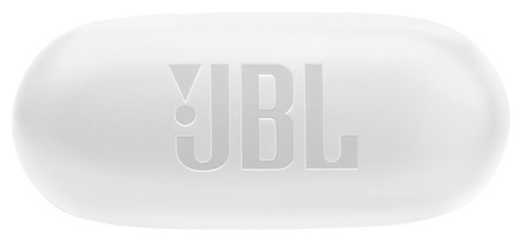 Białe etui na słuchawki JBL. Etui zamknięte i ma logo JBL. Widok z góry.