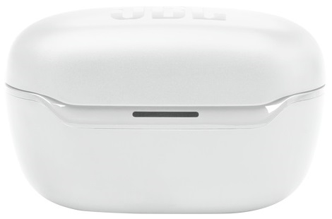 Białe etui ładujące do słuchawek JBL. Etui jest zamknięte.
