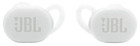 Dwa białe słuchawki JBL z logo JBL, widok z przodu.