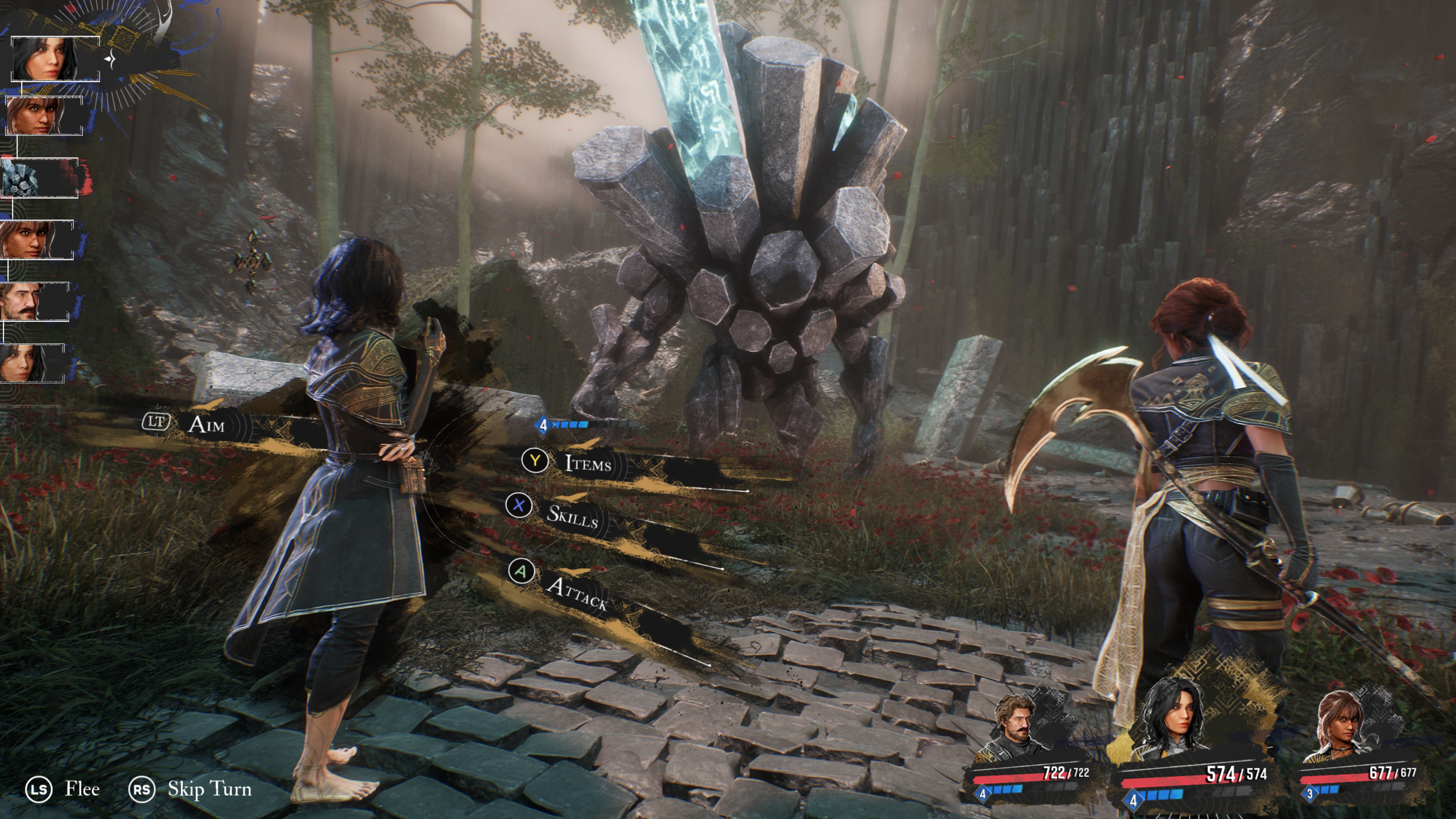 Scena z gry fantasy z żeńską postacią stojącą naprzeciwko potwora w leśnym otoczeniu.