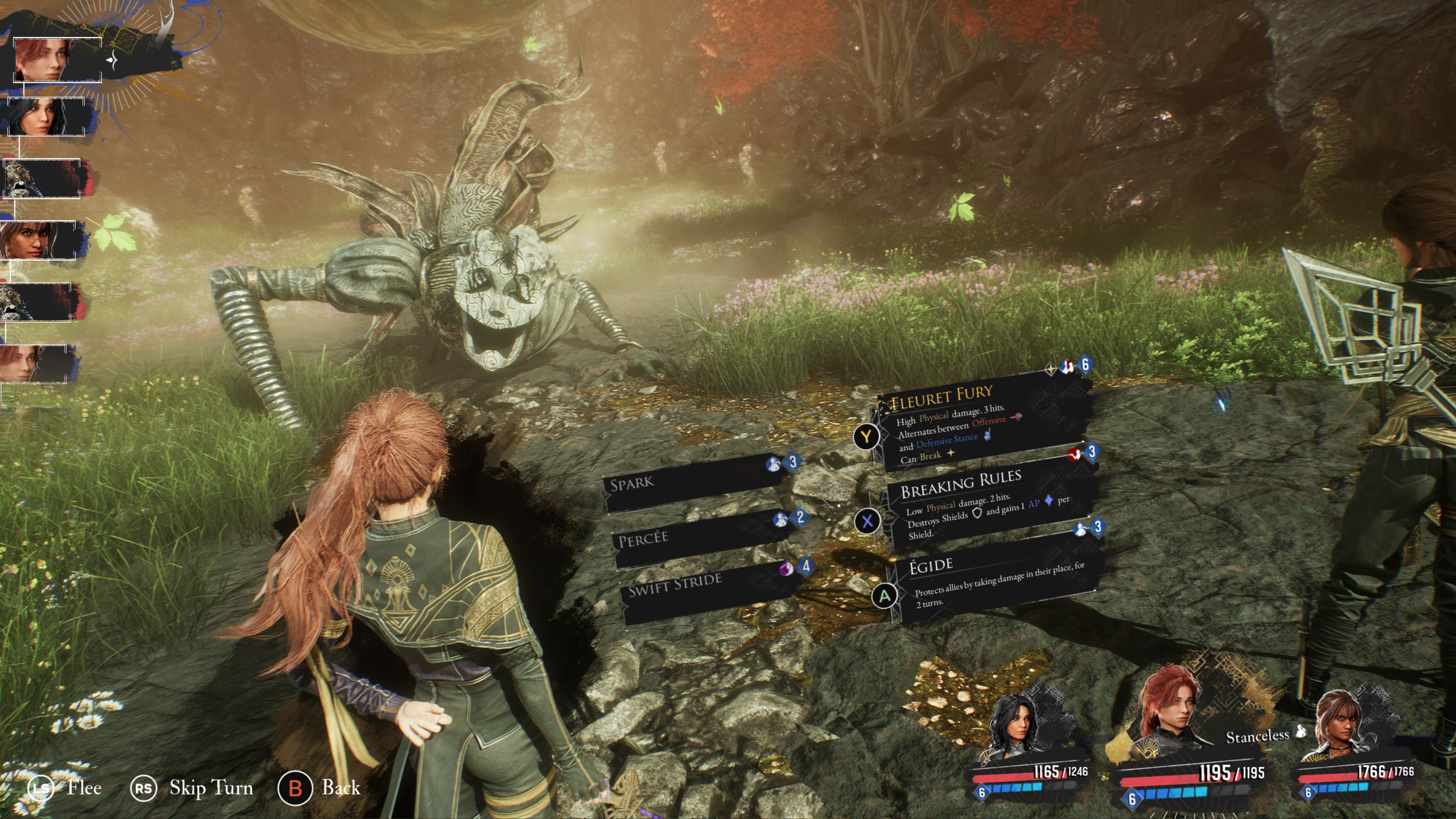 Ekran gry wideo z postaciami, potworem i elementami interfejsu użytkownika gry.