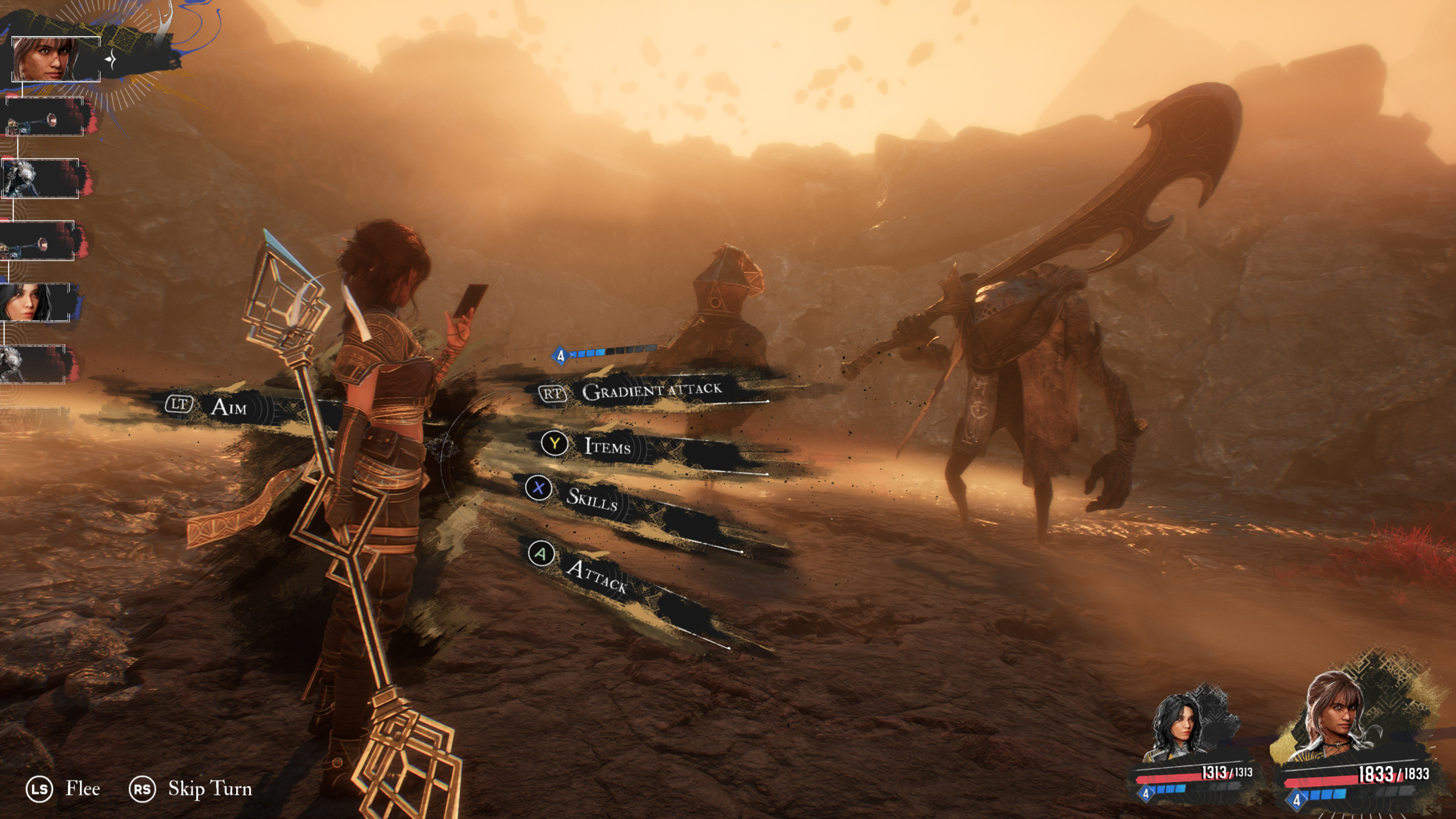 Scena z gry: postać z laską naprzeciwko dużego potwora o zachodzie słońca. Widoczny interfejs użytkownika.