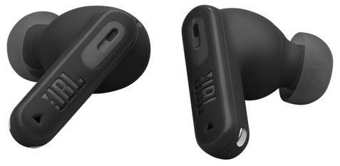 Dwa czarne słuchawki JBL, widok z boku, z logo JBL.