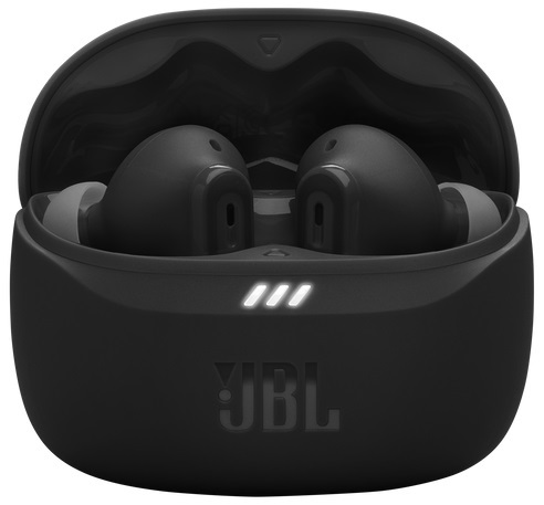 Czarne słuchawki JBL w etui ładującym, ze wskaźnikami.