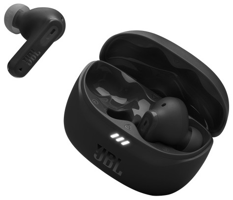 Czarne słuchawki JBL w etui i jedna słuchawka, oba na białym tle.