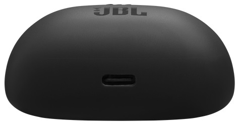 Czarne etui ładujące słuchawki JBL z portem USB-C na dole.