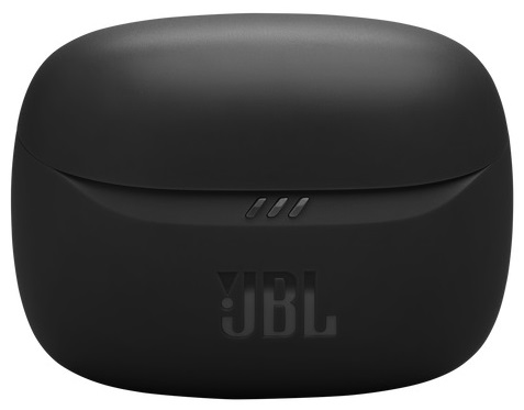 Czarne etui ładujące do słuchawek JBL z logo JBL z przodu.