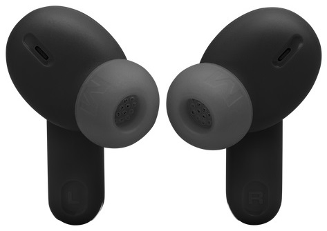 Czarne bezprzewodowe słuchawki JBL z szarymi końcówkami. Zbliżenie na białym tle.